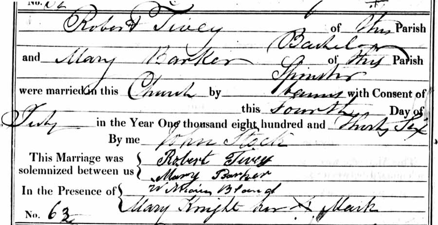 Robert Tivey and Mary Barker Marriage Certificate