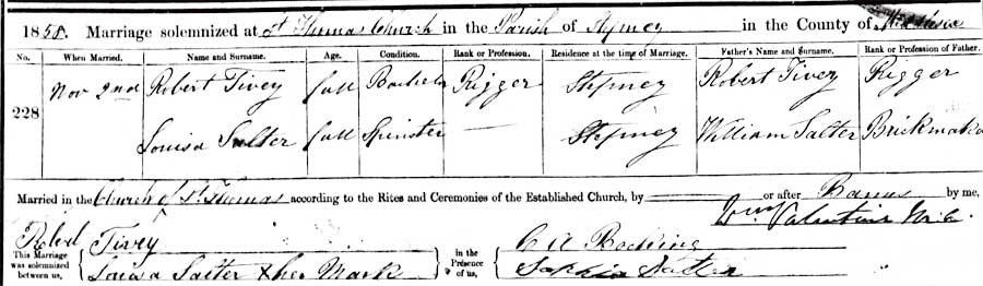 Robert Tivey and Louisa Salter Marriage Certificate