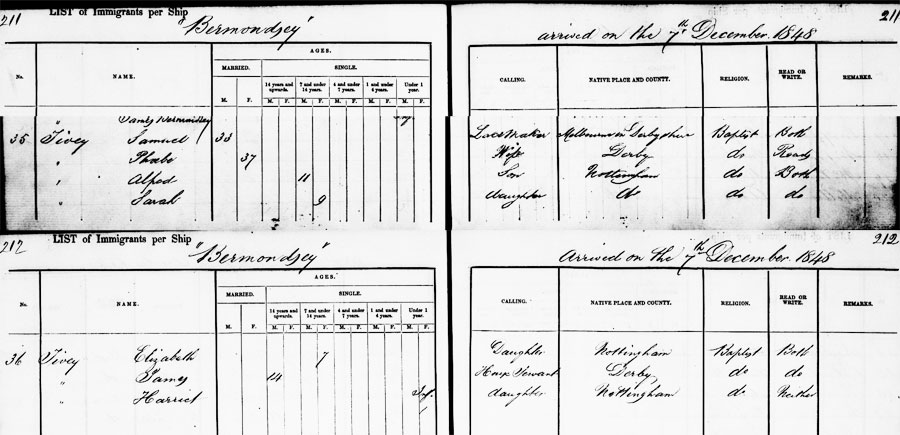 Copy of the Manifest featuring Samuel and Phoebe Tivey on the ship Bermondsey 1848