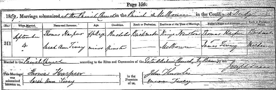 Sarah Ann Tivey and Thomas Harpur Marriage Certificate