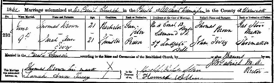 Sarah Ann Tivey and Thomas Brown Marriage Certificate