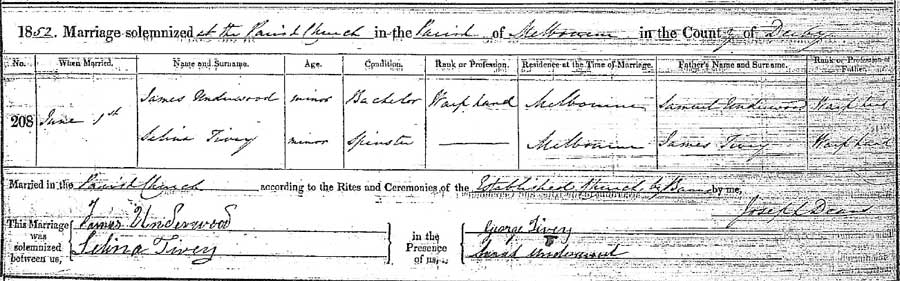 Selina Tivey and James Underwood Marriage Certificate