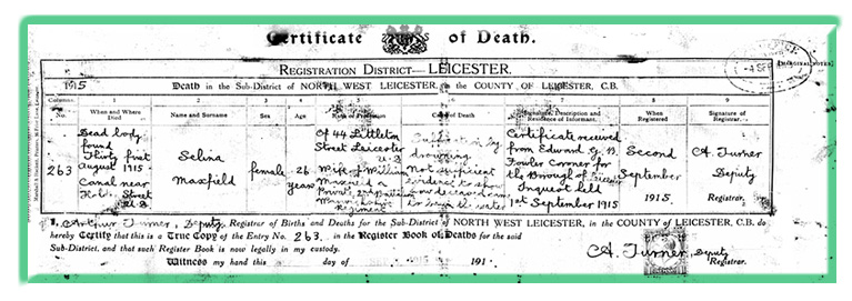 Death Certificate of Selina Maxfield nee Underwood