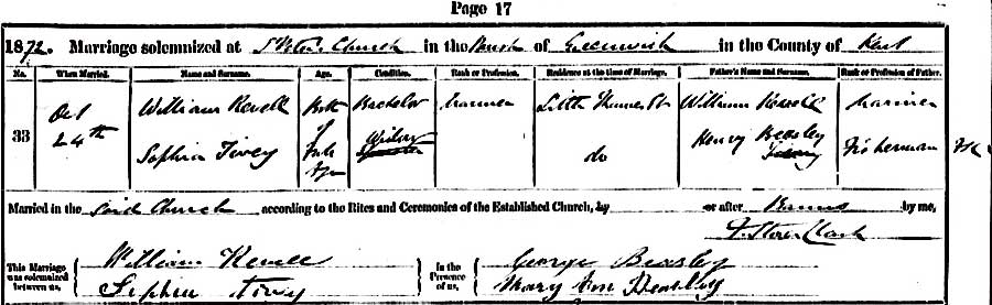 Sophia Tivey and William Revell Marriage Certificate