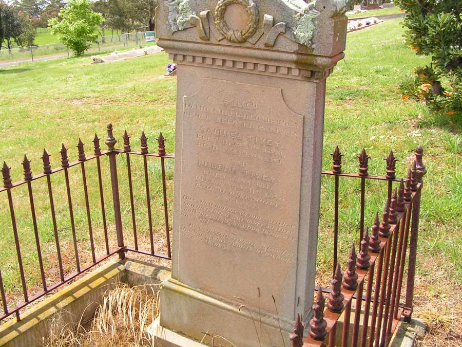 Buried at Bombala, the Gravestone of Samuel Tivey and his wife Phoebe