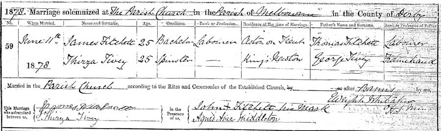 Thirza Tivey and James Fitchett  Marriage Certificate