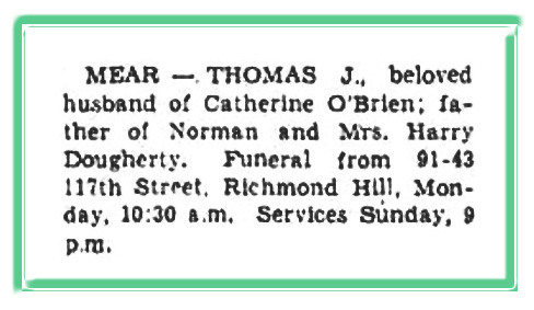 Thomas James Mear Death Notice New York 1941