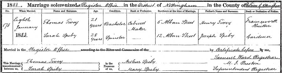 Thomas Tivey and Sarah Spiby Marriage Certificate
