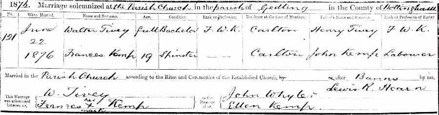 Walter Tivey and Frances Kemp Marriage Certificate