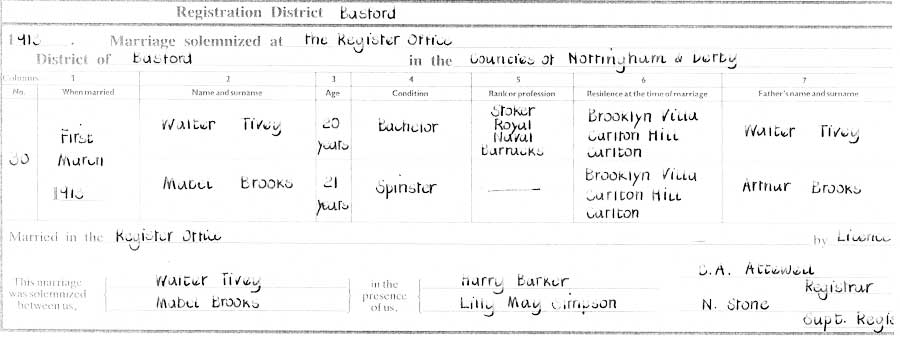 Walter Tivey and Mabel Brooks Marriage Certificate