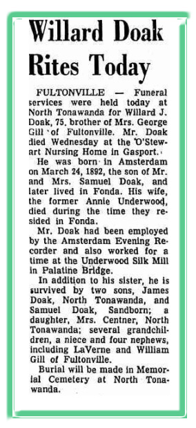 Williad Doak Obituary North Tonawanda 1967