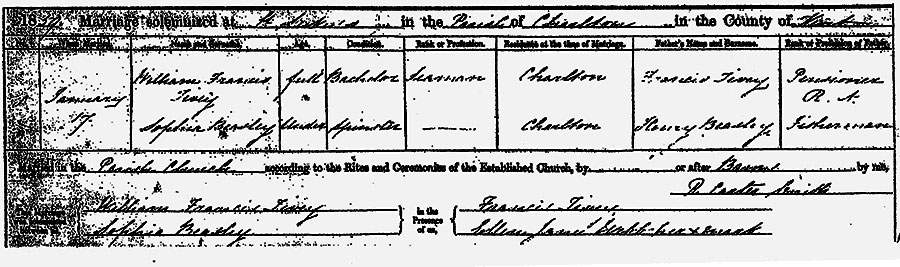 William Francis Tivey &  Sophia Beasley Marriage Certificate