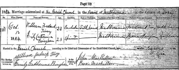 William Frederick Tivey and Emily Catherine Bingham Marriage Certificate