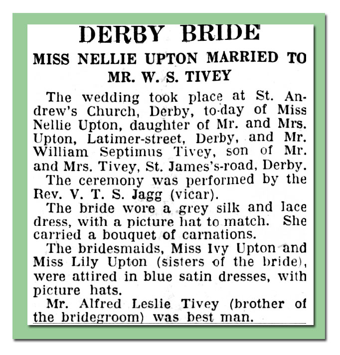 William Septimus Tivey and Nellie Upton marriage Artice 10th Feb 1934 Derby Daily Telegraph