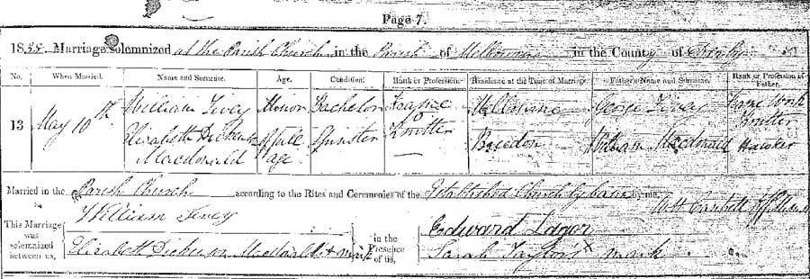 William Tivey and Elizabeth Dickinson McDonald Marriage Certificate