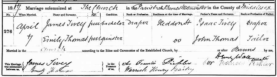 James Tivey and Emily Thompson Marriage Certificate
